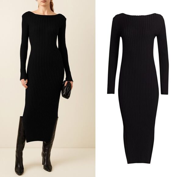 Toteme Dress Ribbed Knit Black Long Sleeve Orville Midi Dress‎ Size Medium - Picture 7 of 13